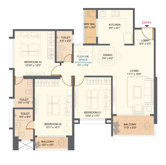 Joyville Joy 3.0 3 BHK floor plan